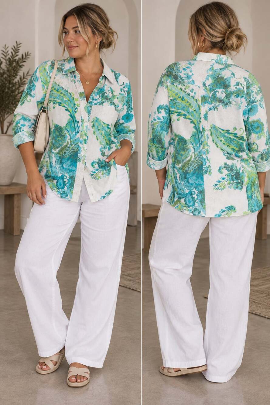 Chico'S Wrinkle Resistant Teal Paisley Button Shirt
M162